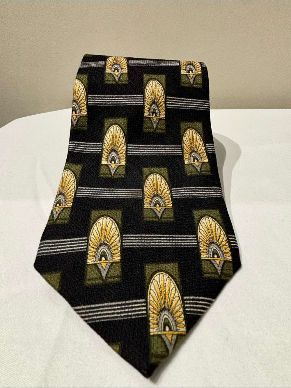 Dior Black Silk Tie with Yellow and Olive Art Deco Motif